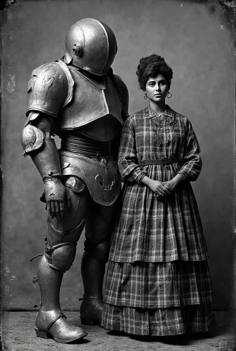  Theres a robot and a woman in costume standing side by side,  Victorian Science Fiction Inspired ,  Hugh Krechmer , plaid costume , Wearing gorgeous armor , daguerreotype, Photography 2009 ,  Film Widescreen ,   Black and White Color Photography ,  Fashio...