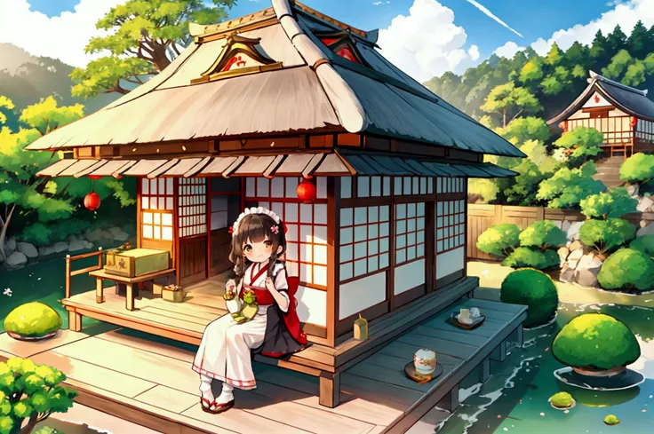  girl、 Japanese Style Teahouse Outfit 、Japanese style maid、Teahouse Building 、 Thatched Roof Building、Drinking matcha tea、tea sweets、smile