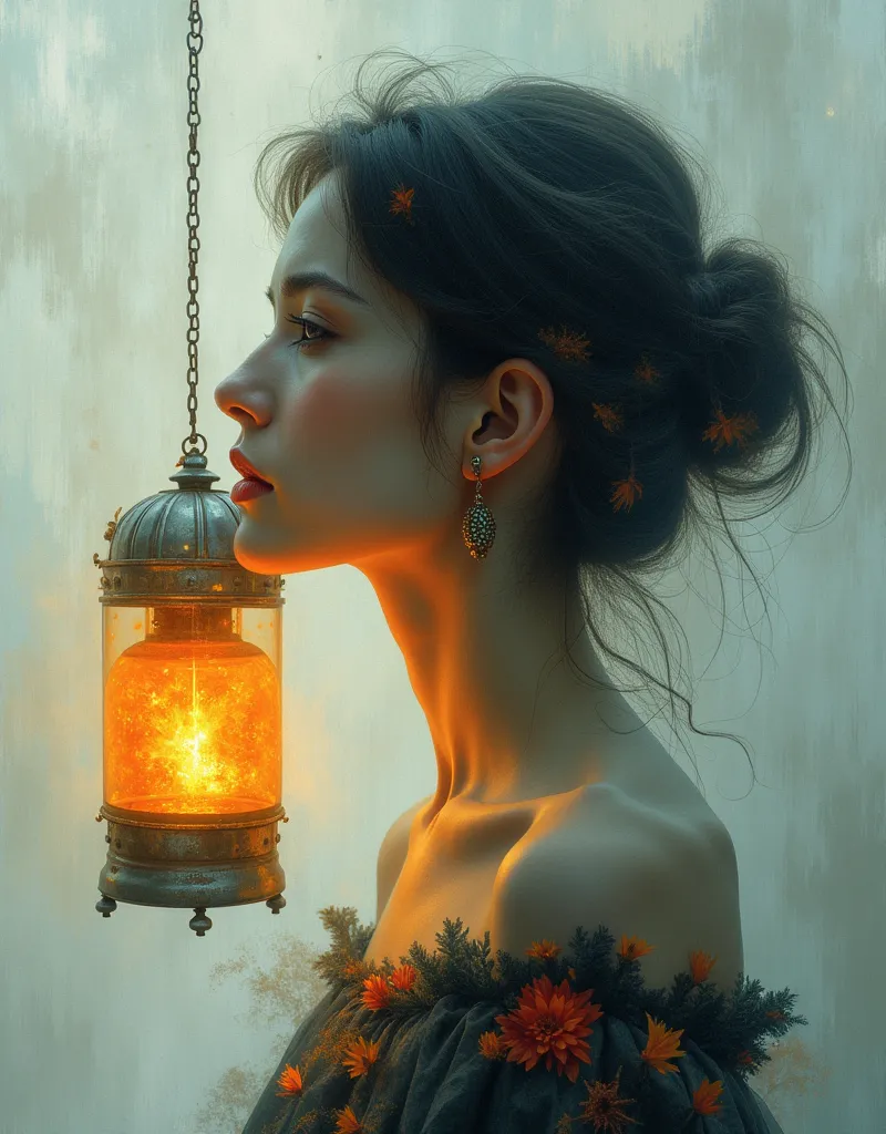 Realistic, theme is "Floating Lantern", lantern floating in the air, surrealism, oil painting, impressionism, postmodern, double exposure of beautiful woman's profile, beautiful woman's memories, 8K quality