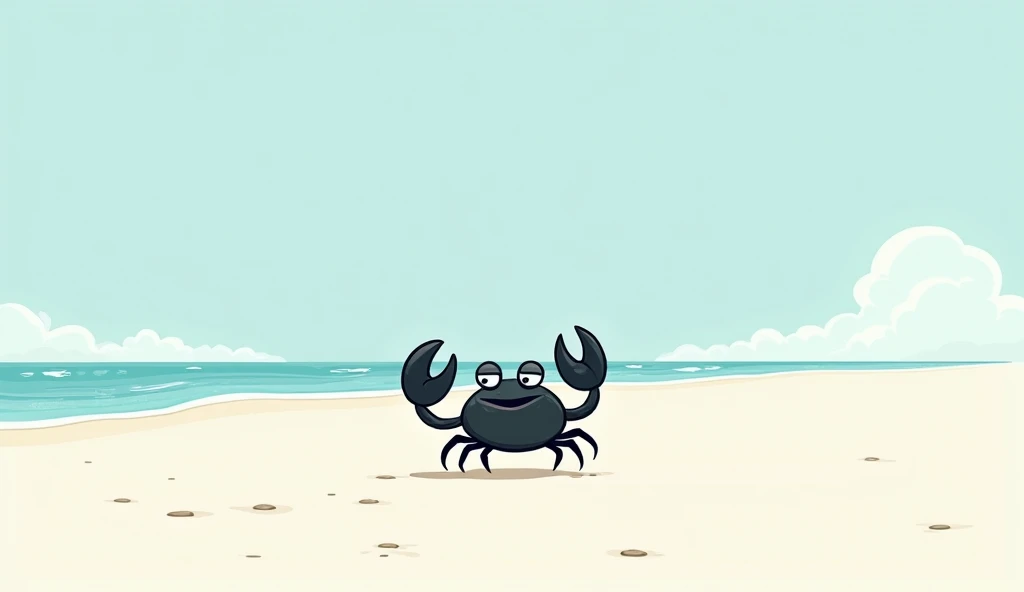 CARTOON FIGURE OF BLACK CRAB WALKING ALONG THE BEACH DISAPPEARED WHITE SAND