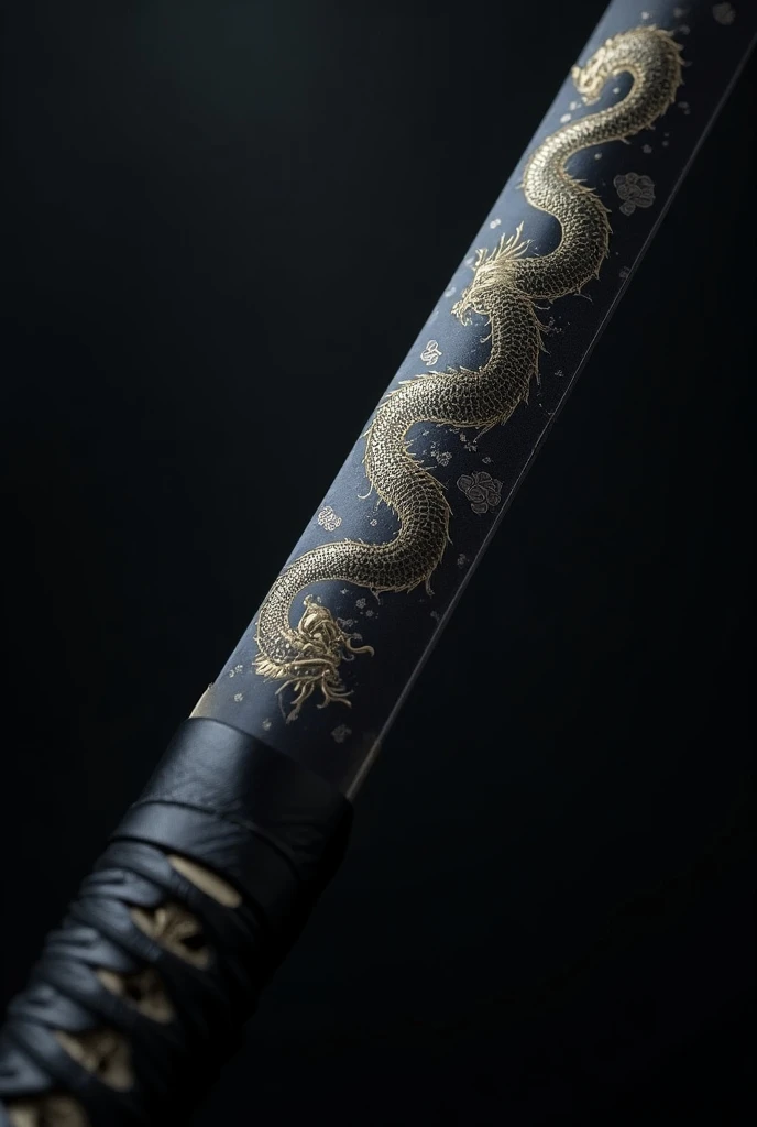 a stunning, semi-realistic image of a katana with a highly detailed polished black steel blade. Along the blade, a mystical dragon engraving runs the entire length, combining realistic textures with stylized, flowing lines inspired by traditional Japanese ...