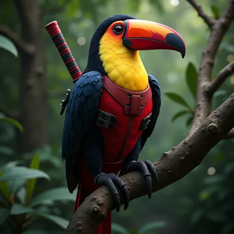 Create a realistic image. On a tree. Make a toucan. The toucan comes complete with deadpools iconic dress