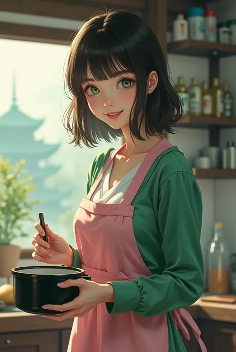 , the painting style is full、woman、Age: 20、 the length of hair is up to the collarbone、The color of the hair is dark brown 、Hair highlights are green 、 the length of the bangs is enough to fit your eyes、 My hair is spreading softly 、Droopy eyes、Eye color i...