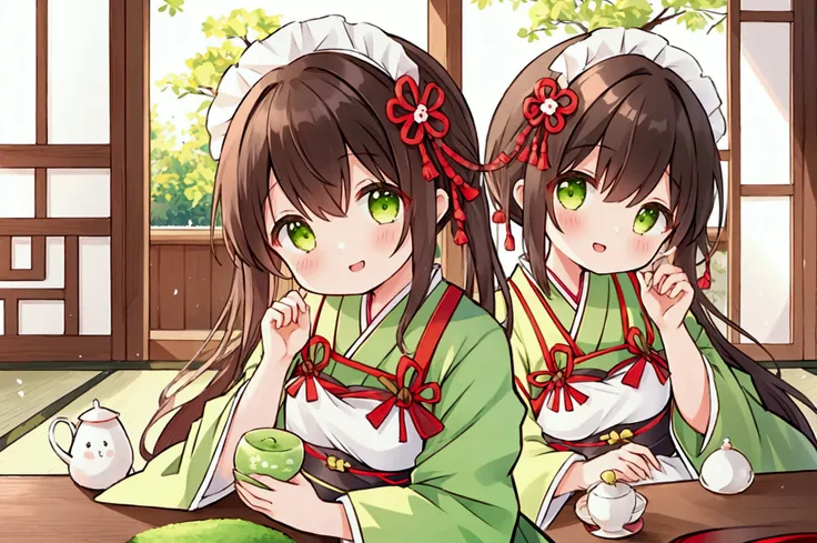  girl、 Japanese teahouse costume、Japanese style maid、Drinking matcha 、tea sweets、smile