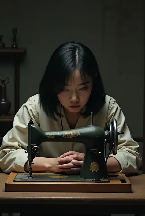 sad Chinese lady with her hands resting on top of a sewing machine