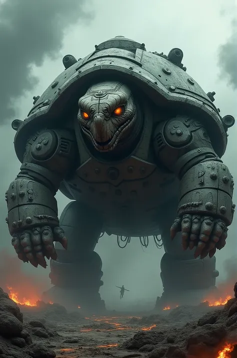 A massive, armored turtle-like creature that looks like a mechanical beast, with a fierce, menacing face and glowing orange eyes. Its shell is made of heavy metal plating, fitted with multiple large cannons and machinery, exuding a warlike appearance. The ...