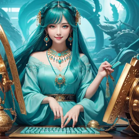 masterpiece, Best Quality, Super detailed, Illustration,( 1 girl), beautiful detailed eyes,  watching viewers, (Holding a computer keyboard),  happy , (turquoise hair :1), (Blue round eyes:1), (Round earrings), (big turquoise jewelry necklace), Cute round ...