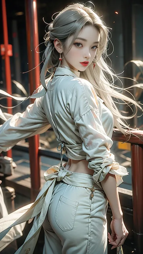 Anime-inspired character with long, flowing silver hair cascading down her back. She has a fair complexion and striking facial features, including large, expressive eyes and full lips painted in a bold red. The character is wearing a white crop top paired ...