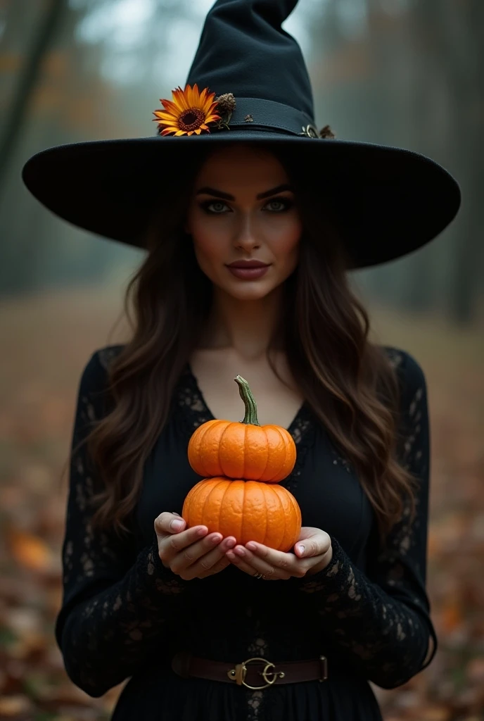 arafed woman in a witch hat with pumpkins on her chest, beautiful witch spooky female, beautiful witch female, portrait of a young witch girl, beautiful female witch, witch girl, witch woman, portrait of a young witch, beautiful witch with long hair, super...