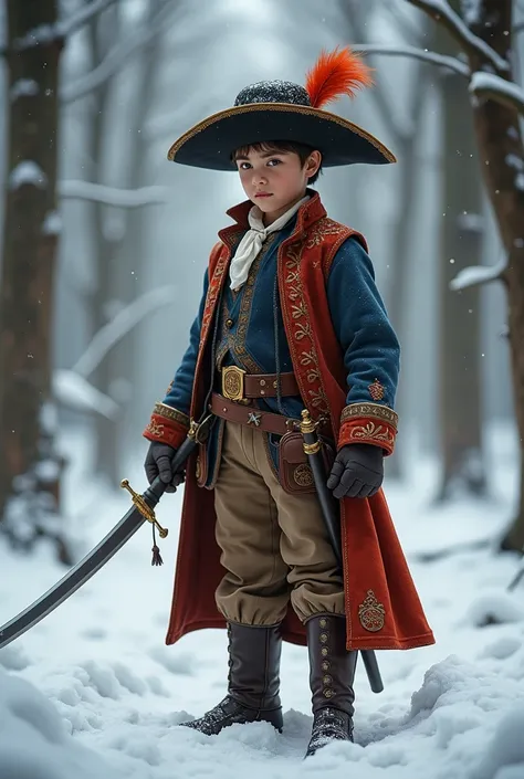 A boy in a musketeer costume with a musketeer sword, wearing a musketeer hat in an attacking pose. In the winter forest