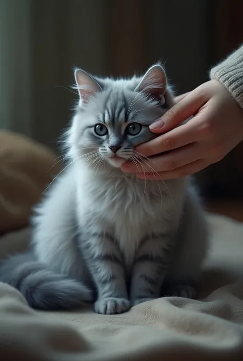 A cat sitting full length (blue Russian ) and a hand petting him on the head