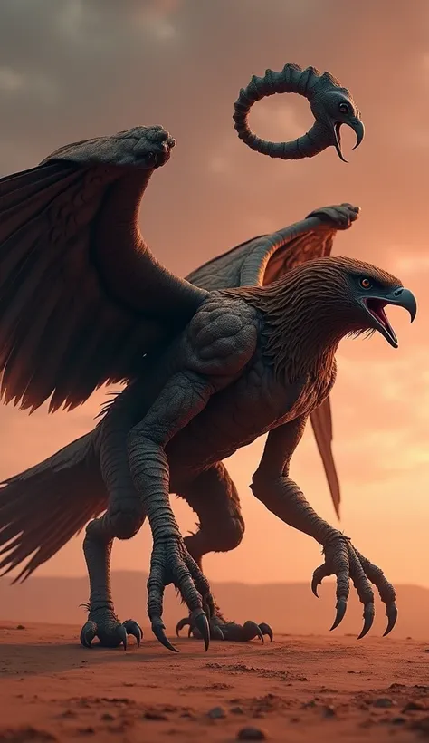 A realistic,huge and scary hybrid  creature which features a massive, armored eagle body with sharp talons and fierce, piercing eyes. Its wings are large and feathered, with scorpion pincers extending from its shoulders, poised and ready to strike. The tai...