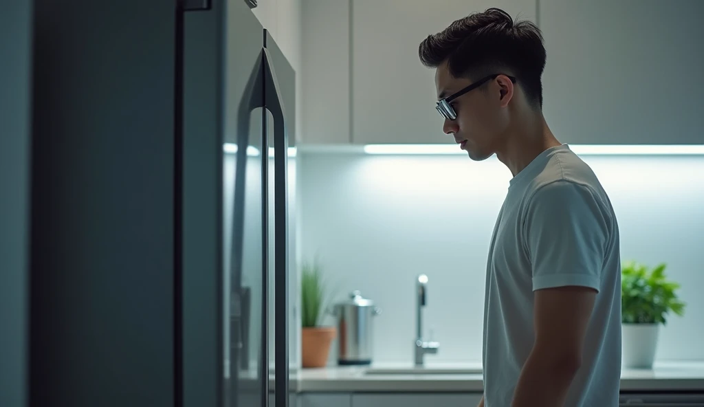 Create 
"A realistic image of a man of Asian origin, slim and fair-skinned, wearing black-framed glasses, checking a refrigerator in a kitchen for any possible leaks. He stands in front of the refrigerator, slightly bending down to inspect the base and sid...