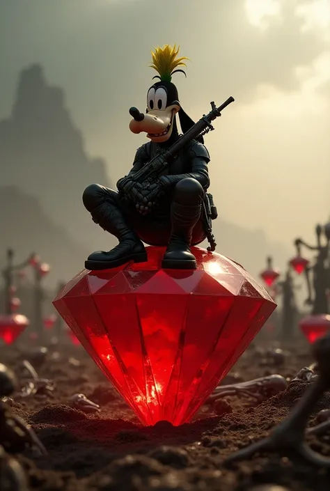 Goofy is sitting on a big red diamond and wearing black armor and holding a rifle in his hand on a battlefield and all around him the undead 