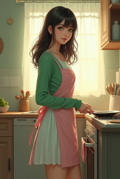 , the painting style is full、woman、Age: 20、 the length of hair is up to the collarbone、The color of the hair is dark brown 、Hair highlights are green 、 bangs standing in front of the sink is enough to fit my eyes、 My hair is spreading softly 、Droopy eyes、E...