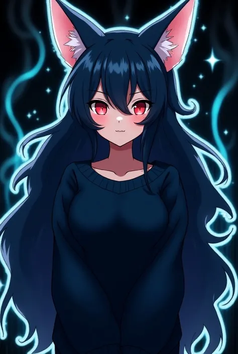 1girl, solo, female, , mobian, fox, 2D anime style, high quality digital art, a dark blue furred anthropomorphic fox, dark blue fur, very long wavy dark blue hair, glowing crimson eyes, comfy loose sweater, large sleeves pass hands, large and long hair ban...