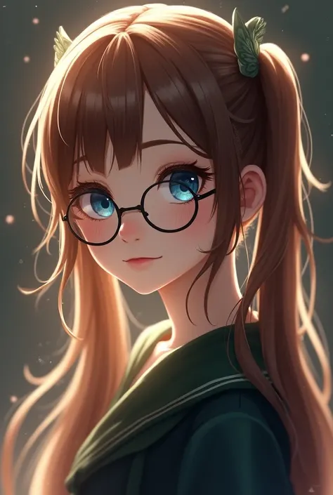  1 girl, Long hair,  blue eyes ,  brown hair, Twintail, Hair clip, precise, shill, My hair,  boobs,  Round Glasses as Thick as Glass Bottle Bottom,  Cat Shaped Hair Jewelry ,  flickering light , Anime, สไตล์Anime, Hufflepuff House 