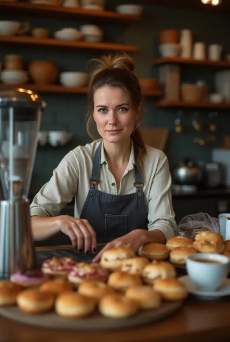 medium shot of Sarah behind the counter, arranging pastries, making coffee, and checking her bills, looking a bit worn and stressed.

Purpose: Show Sarah’s emotional state and her dedication to her café, hinting at her personal struggles.