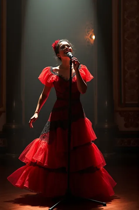 A flamenco singer singing into a microphone 