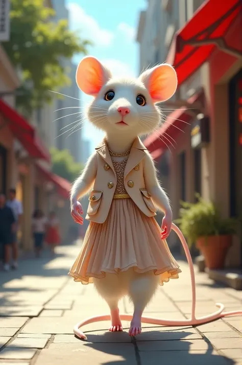 White beautiful rat walking like human in a street wearing a fashionable dress