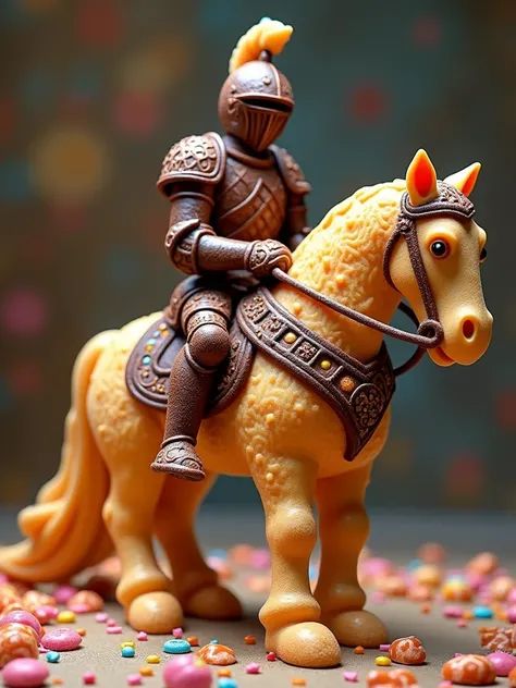 Immagine in alta qualità di un cavaliere a cavallo fatto di pasta frolla ricoperta di cioccolato, zucchero colorato e caramelle morbide