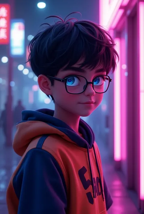 Young boy , s,  pake handsome hooday , bright face,  half-caucasian face , blue eyes, put on glasses  , halved hair  ,  neon purple street lighting, ENIGMA word , The Future , camera from the side 