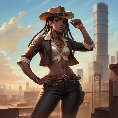  visos Copy of the masterpiece ,  best quality ,  ultra high resolution, realistic leather texture ,  comic book style , 4k image, linda,  an African-American girl , dreadlocks, belt, hand on hip, hat, alone, long hair, black eyes, breasts,  black hair ,  ...