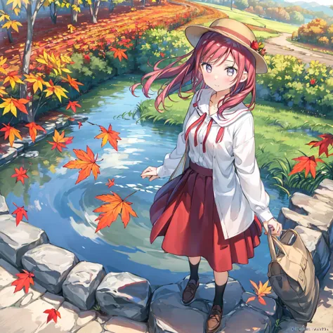 High image quality, 1 beautiful girl is taking a walk in a park where the leaves have turned red,Autumn Clothes, long skirt,hat,Hair and fallen leaves are being washed away by the wind 