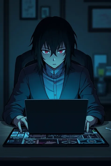 i want a person with a laptop setting in a tablet which look like a professional logo maker but the face should be dark and it should be like an anime type