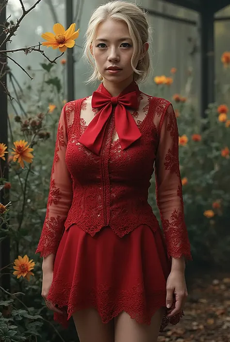 1girl,short hair,blonde hair,red gothic clothes,red flowers,yellow flowers,thistles, thorns,forest,(gloomy,no light),(in cage),big red bowknot,(full body,wide shot,panorama), mfotou, backlight,watercolor
