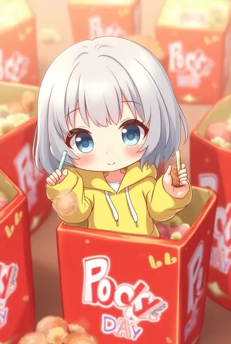 Chibi character,High image quality,Pocky Day, 1 girl,  its in the Pockys box, Im popping out of the box ,Im holding Pocky in my right hand , short hair,Gray Hair, light blue eyes, yellow hoodie,cute, fluffy vibe , Hi-Res,  turn your gaze , smile,  Blushing...