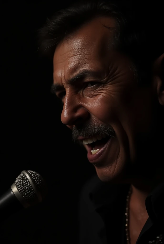 A flamenco singer singing into a microphone Close-up face