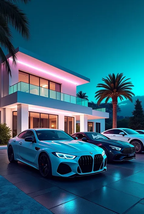 White Billa house 5555 fit and white bmw 930 mercedes gls 600 rolls Royce  audi bantly Porsche all car cover in pic parking in front of house night at white blue green neon light 