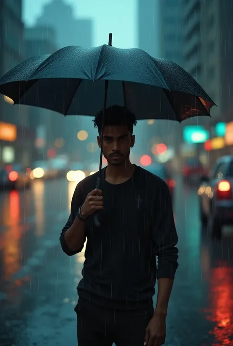 a beautiful bangladeshi boy of 25 years old, standing in the middle of a road holding an umbrella, raining afternoon, realistic, photorealistic, photo-realistic:1.37, best quality, 8k, ultra-detailed, extremely detailed face and eyes, beautiful detailed li...