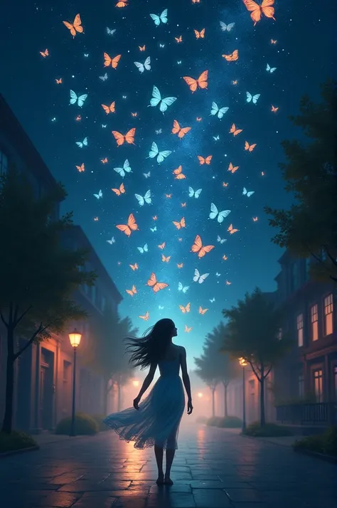 There is a night full of stars. A beautiful young girl walking in the street. And suddenly she sow a thousands of butterflays around her. 