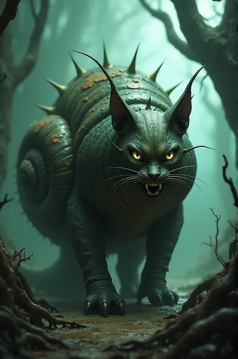 A monstrous hybrid creature combining the traits of a cat and a snail lurks in a dark, unsettling environment. The creature has a sleek, muscular cat-like body covered in patches of slimy, textured skin, with a massive, coiled shell on its back featuring s...