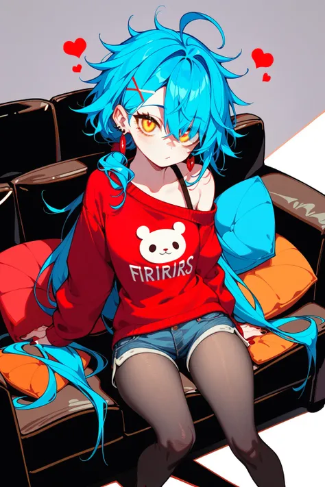 High image quality
 1 girl ,  Golden Eyes ,   Blue Hair、Shortcut with the tips of the bristles sticking outward,   low ponytail in tights、  Earrings for One Woman ,  Ahoge,   asymmetrical bang ,  x-shaped hair ornament,  A sweater that sticks out the left ...