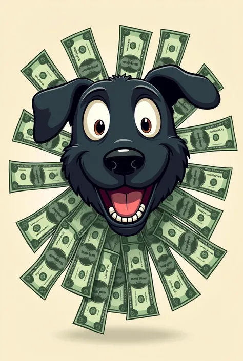 Cartoon face of a black dog with 100 bills$ 