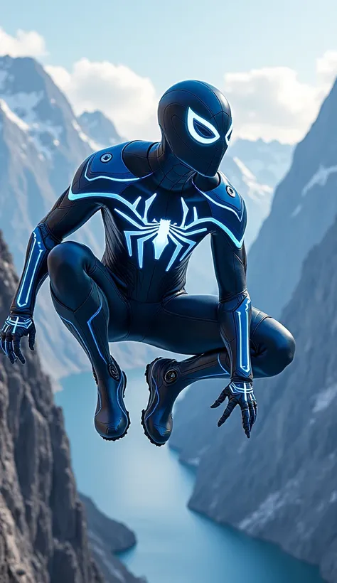 "Imagine an incredibly advanced and futuristic ‘Spider-Man of Norway,’ with a sleek, high-tech suit that embodies the natural beauty, cultural heritage, and innovation of the country. His suit is primarily a deep, reflective blue, symbolizing Norway’s maje...