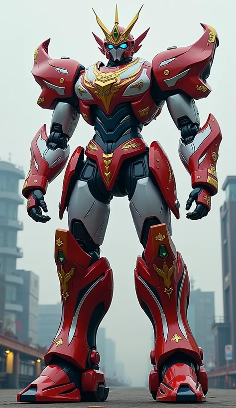 Thai Robot: A giant robot featuring metallic red, white, and blue colors from Thailand’s flag, with elements inspired by Thai mythology and traditional armor. The glossy metallic finish adds elegance to its imposing structure.