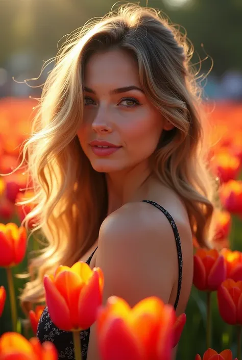 Create a portrait of a beautiful woman standing amidst a bed of vibrant tulips. The sun is shining on her face, illuminating the golden highlights in her hair.