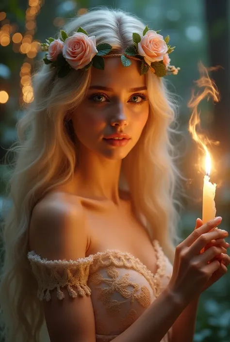 Goddess Aurora, youthful woman adorned with a rose wreath, clutching a torch, set against a retrofuturistic dwelling. The backdrop showcases the ethereal dance of the northern lights. Crafted in hyper-detail, this surrealistic masterpiece captures intricat...