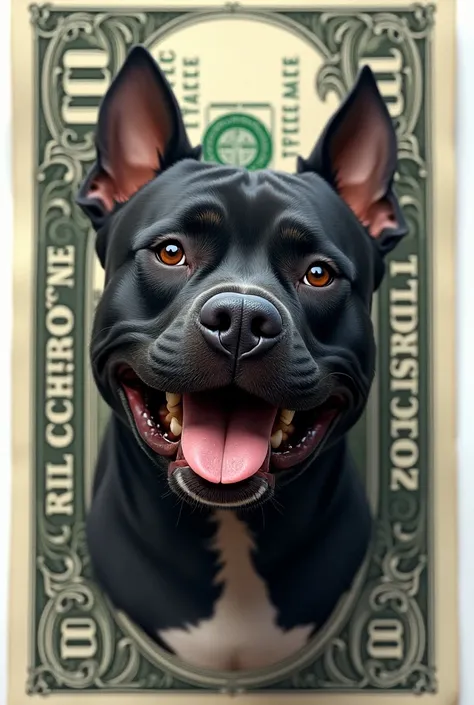  banknotes Semirealistic face of a black pitbull dog, happy,  And in the background 100 $ 