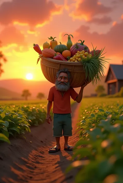 In Cinematic 3d cartoon style”Ramoo working late into the evening, his back bent under the weight of a heavy basket of crops. The sky is turning orange as the sun sets, and the farm remains a testament to his tireless labor."