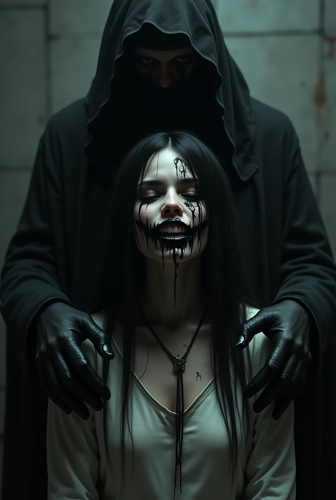 black haired girl, black liquid dripping out from eyes and mounth. black lips, dryied black paint cover her face, black liqiud on her fingers, evil smile, black liquid moster without face behind her, the monster touches her shoulders