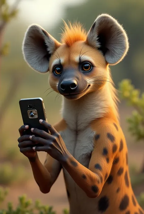 Hyena taking selfies with her realistic mirror cell phone