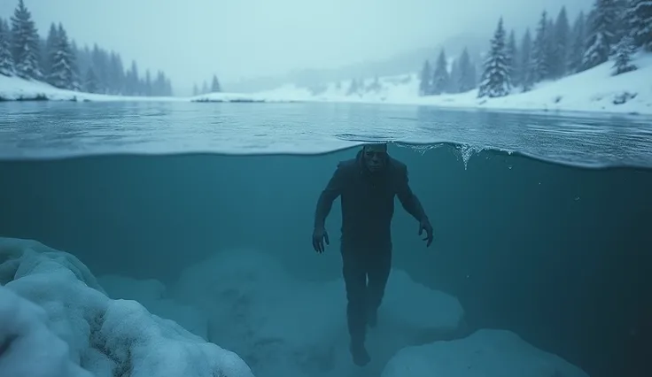 Prompt: A faint silhouette of a strange creature moving under thick ice, barely visible but menacing. Ultra-high-definition, realistic, with deep shadows and mysterious lighting.