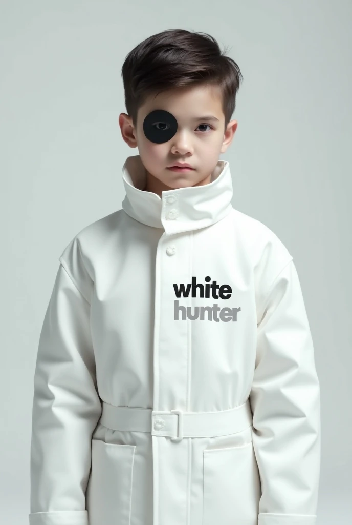 A boy have one black eye wear white coat written in center " WHITE HUNTER"