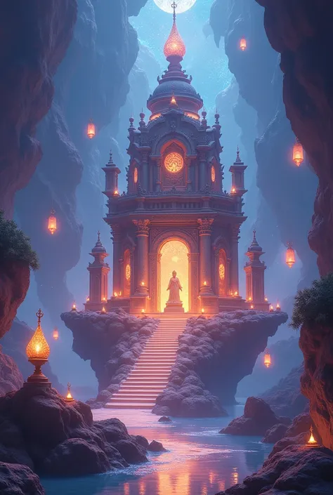 Celestial temple, floating lanterns, glowing statues, intricate patterns, sacred light, otherworldly atmosphere, vibrant colors, positive emotional, hyperdetailed ,ultra-detailed realistic, Perfect Composition, magical ambience, ,Enigmatic details, Vibrant...