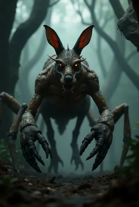 A kangaroo fused with a scorpion in a realistic monstrous forest